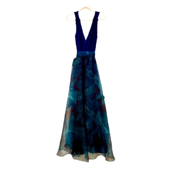 Eliza J Teal Floral Chiffon Ball Gown | Size 12 | Sleeveless V-Neck - Picture 5 of 12